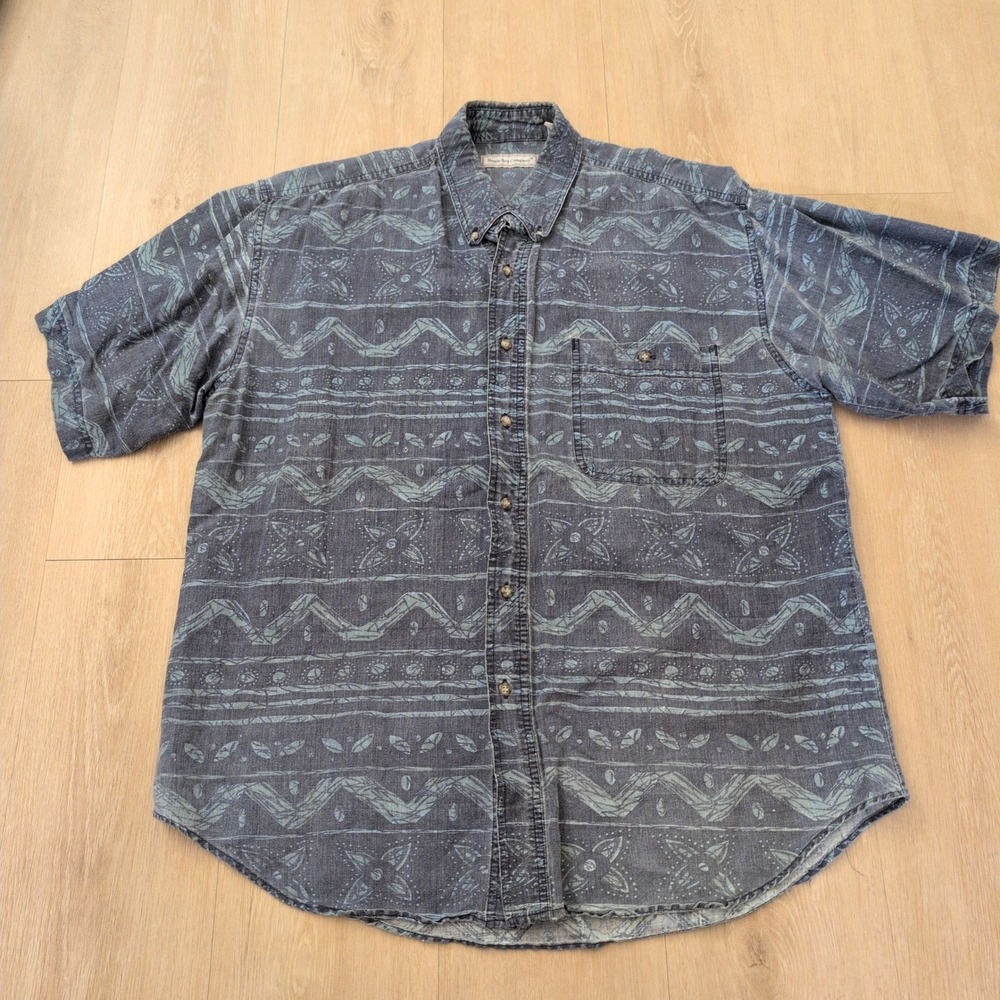 Vintage Bugle Boy Company Mens Large Tribal Geometric Ramie Cotton Button Shirt